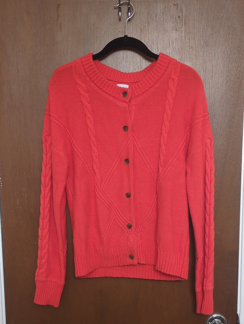 Cable Knit Button-Front Women's Sweater - Coral Pink